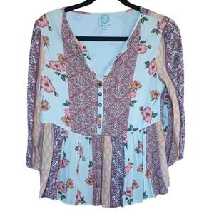 Y2K Baby Doll Style Blouse Peplum Hem Floral Paisley Design Women's XS Bohemian